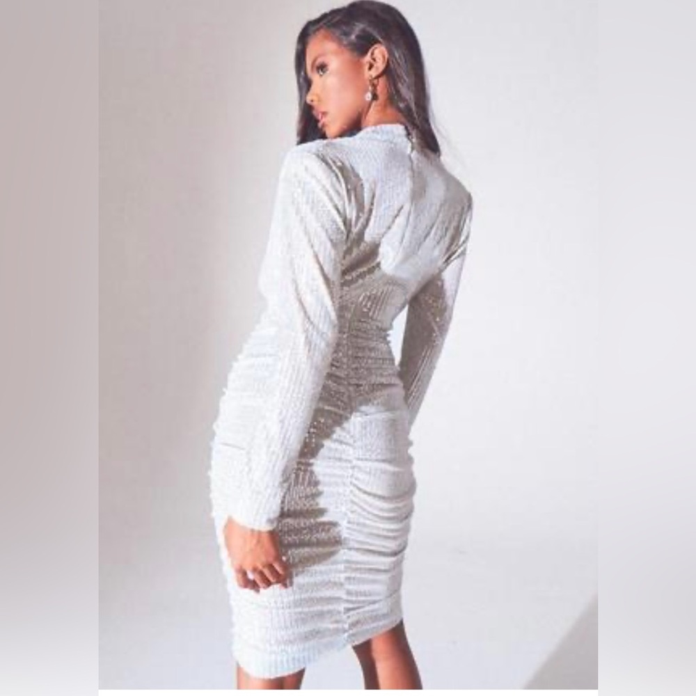 Silver Sequin Shoulder Pad Ruched Front Midi Dress